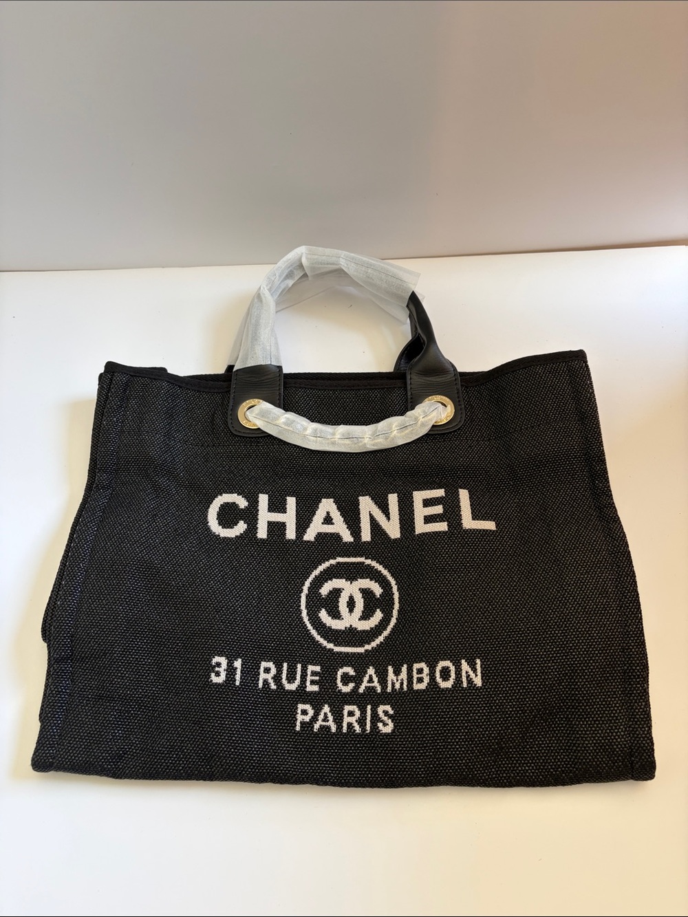 CHANEL Black and White Logo Canvas Tote